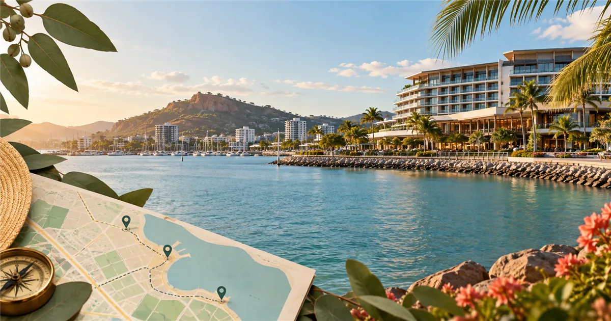 Townsville waterfront with palms and a travel map